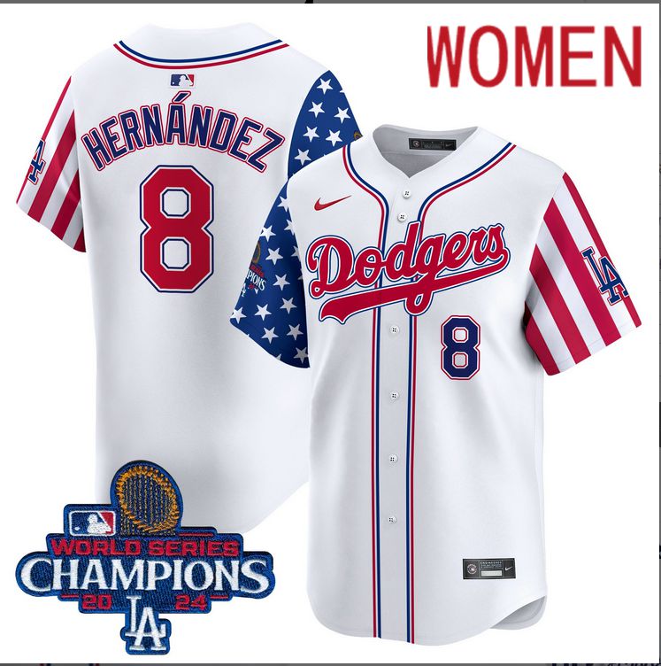 Women MLB Los Angeles Dodgers 8 Hernandez American Style white 2024 World Series Champions Limited Jersey